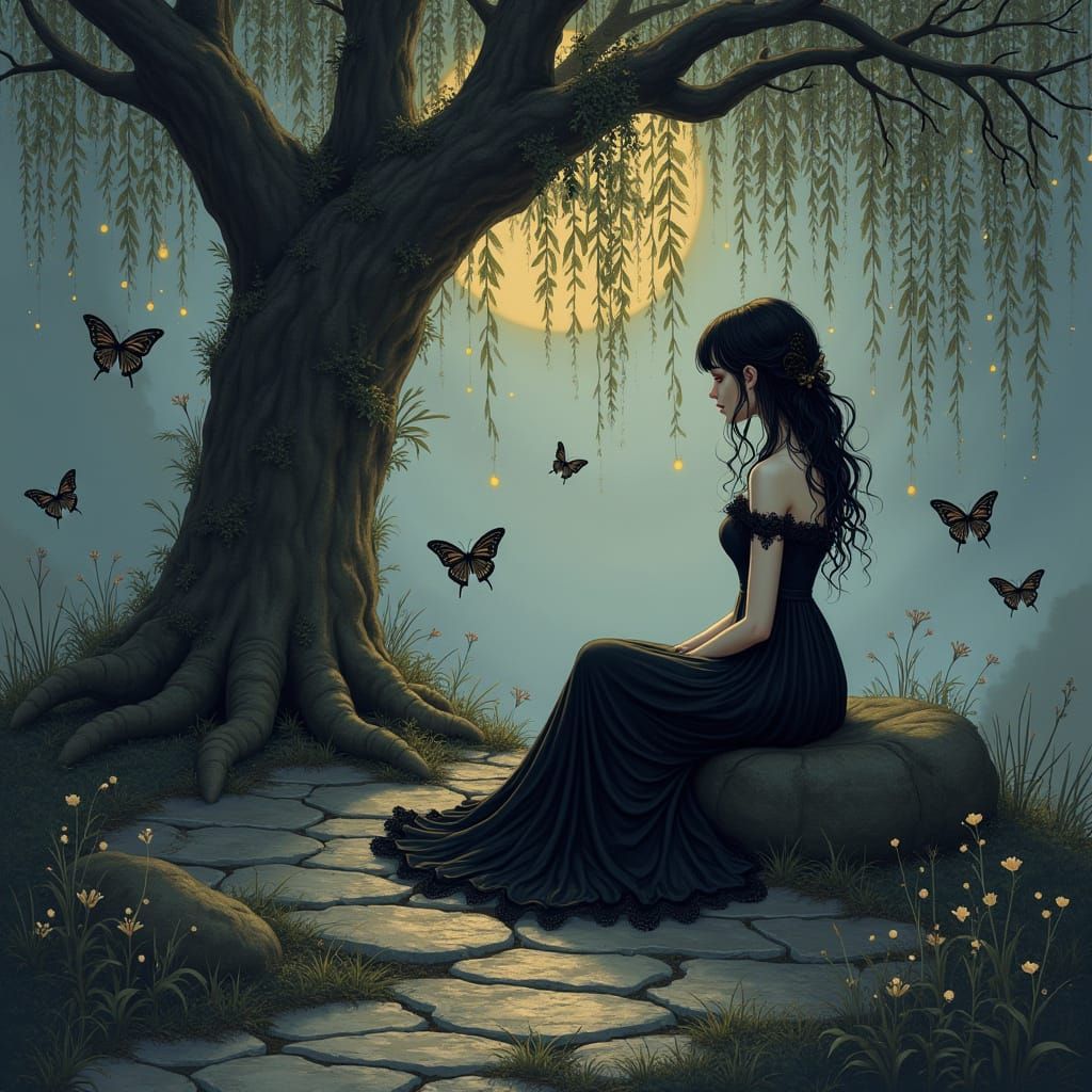 Emo Princess Under Glowing Willow Tree in Twilight Garden