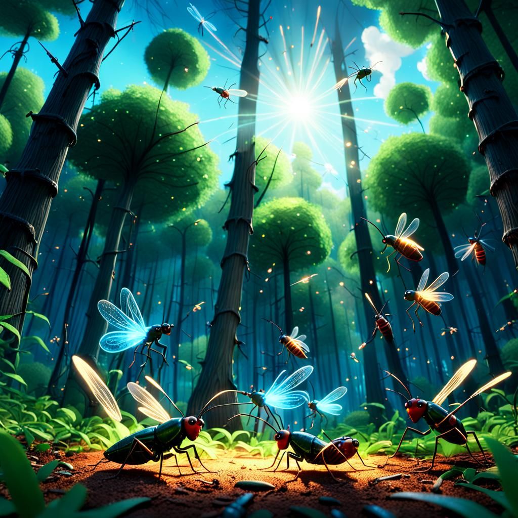 Crickets Playing in Sunny Forest as Pixar Art