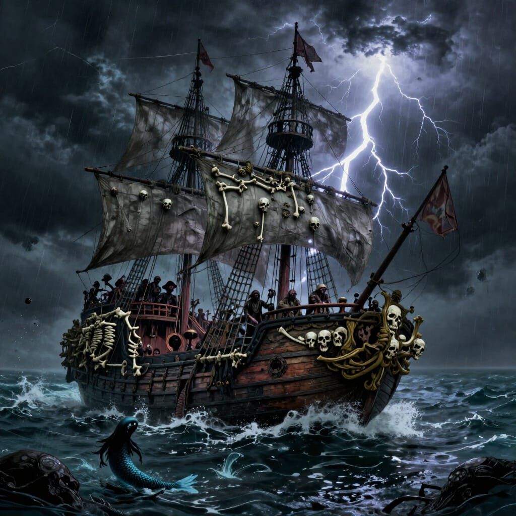 Evil Pirate Ship in Stormy Seas with Dark Mermaids