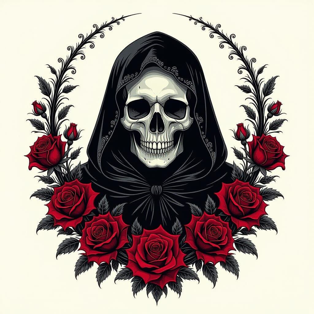 Gothic Skull with Roses in Ash Thorp Style