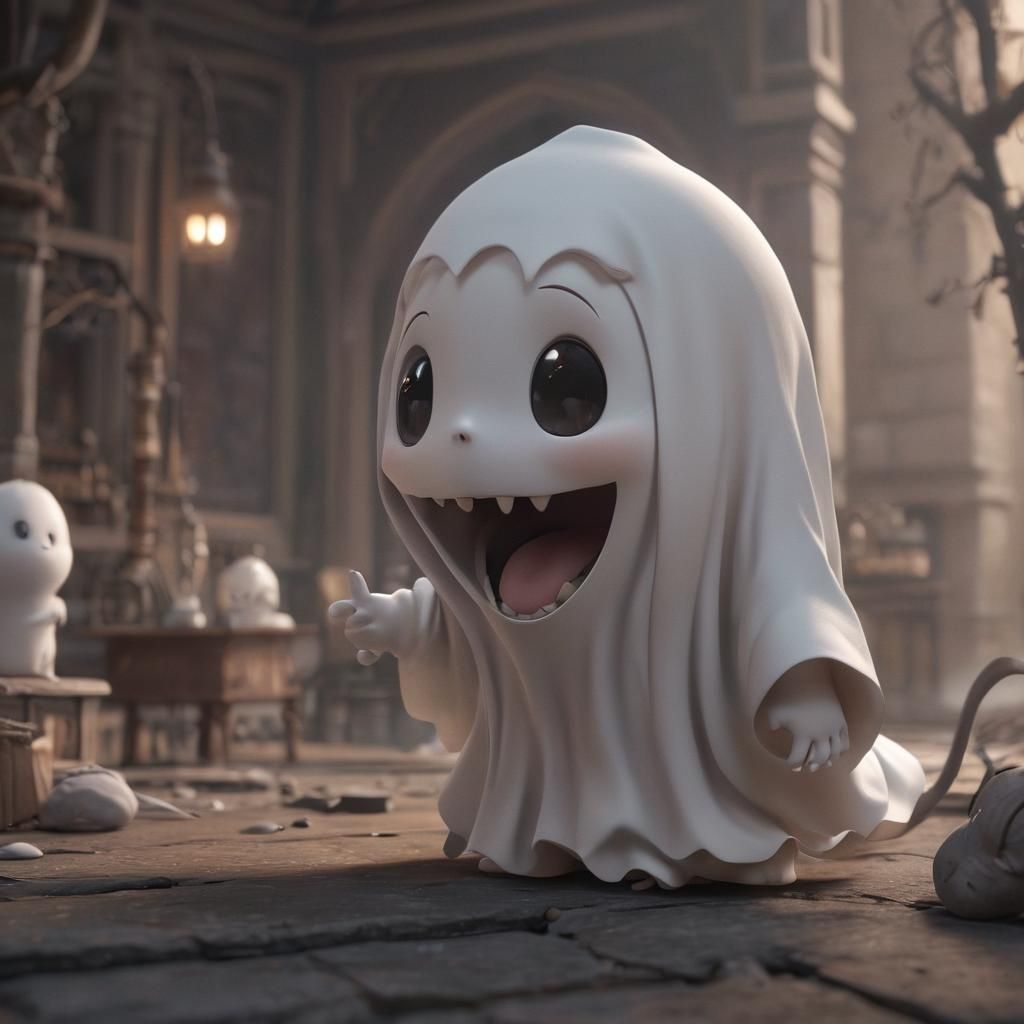 Chibi Ghost Scares Mouse in Anime Style