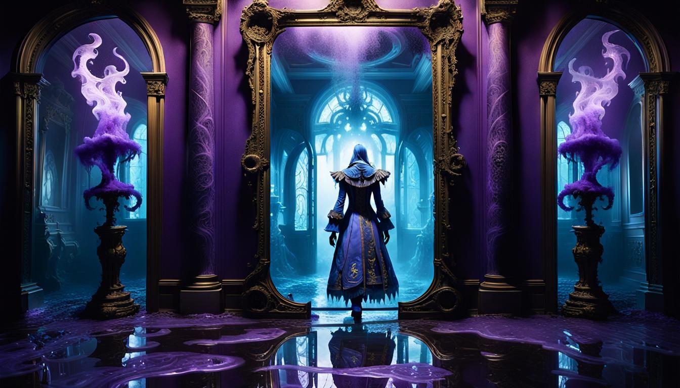 Surreal Figure Emerges from Melting Mirror in Fog