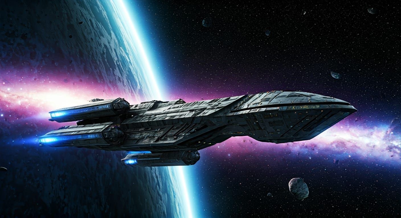 Futuristic Spaceship Soaring Through Starry Galaxy