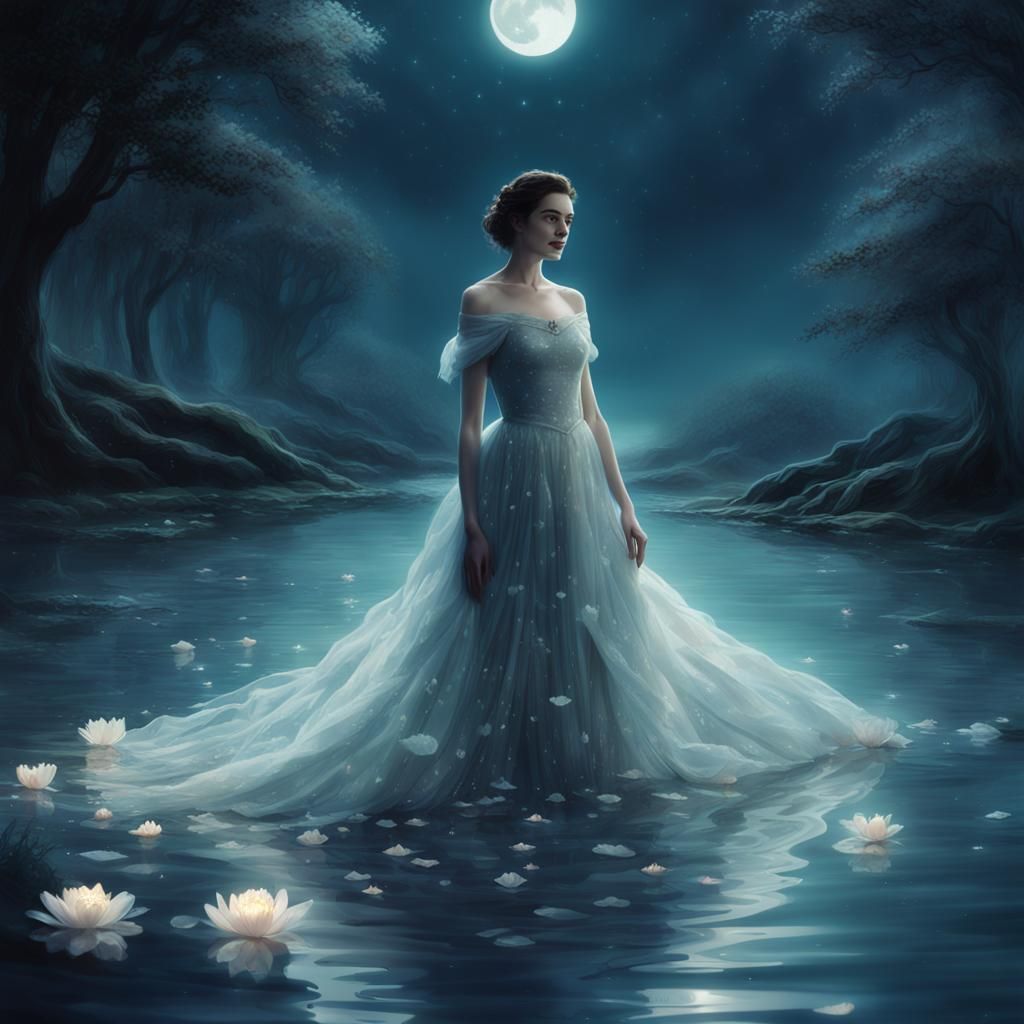 Ethereal Water Nymph in Moonlit Pond