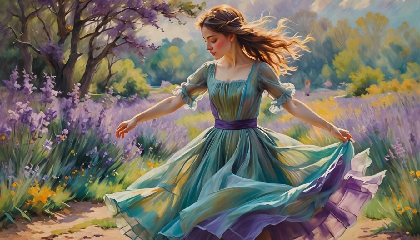 Impressionist Girl Dancing in Sunlight with Vivid Colors