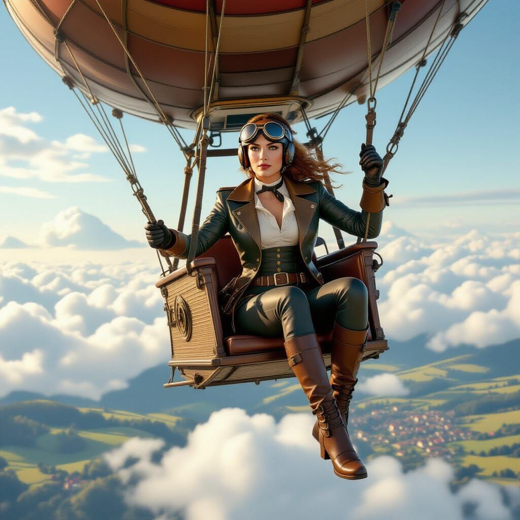 Victorian Pilot Navigating Zeppelin with Breathtaking Vista