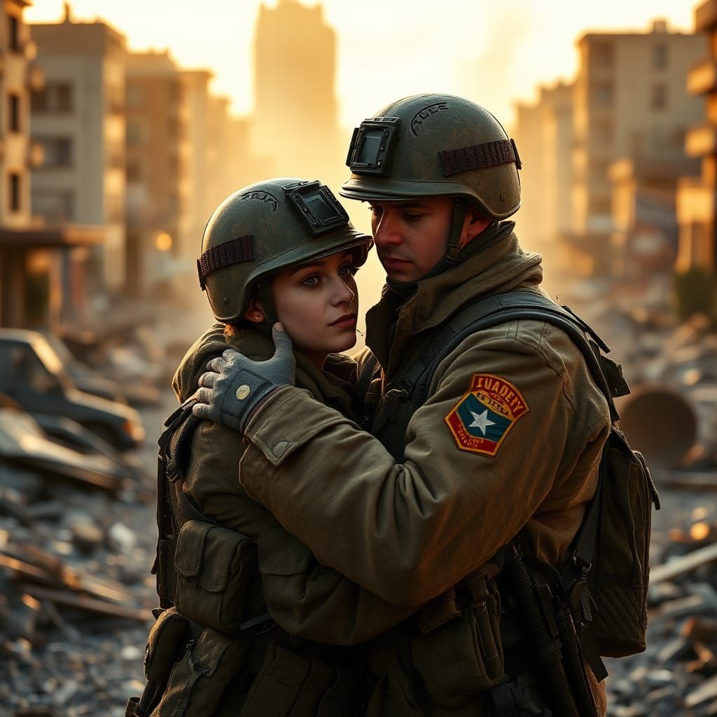 Soldiers' Tender Moment in War-Torn Cityscape