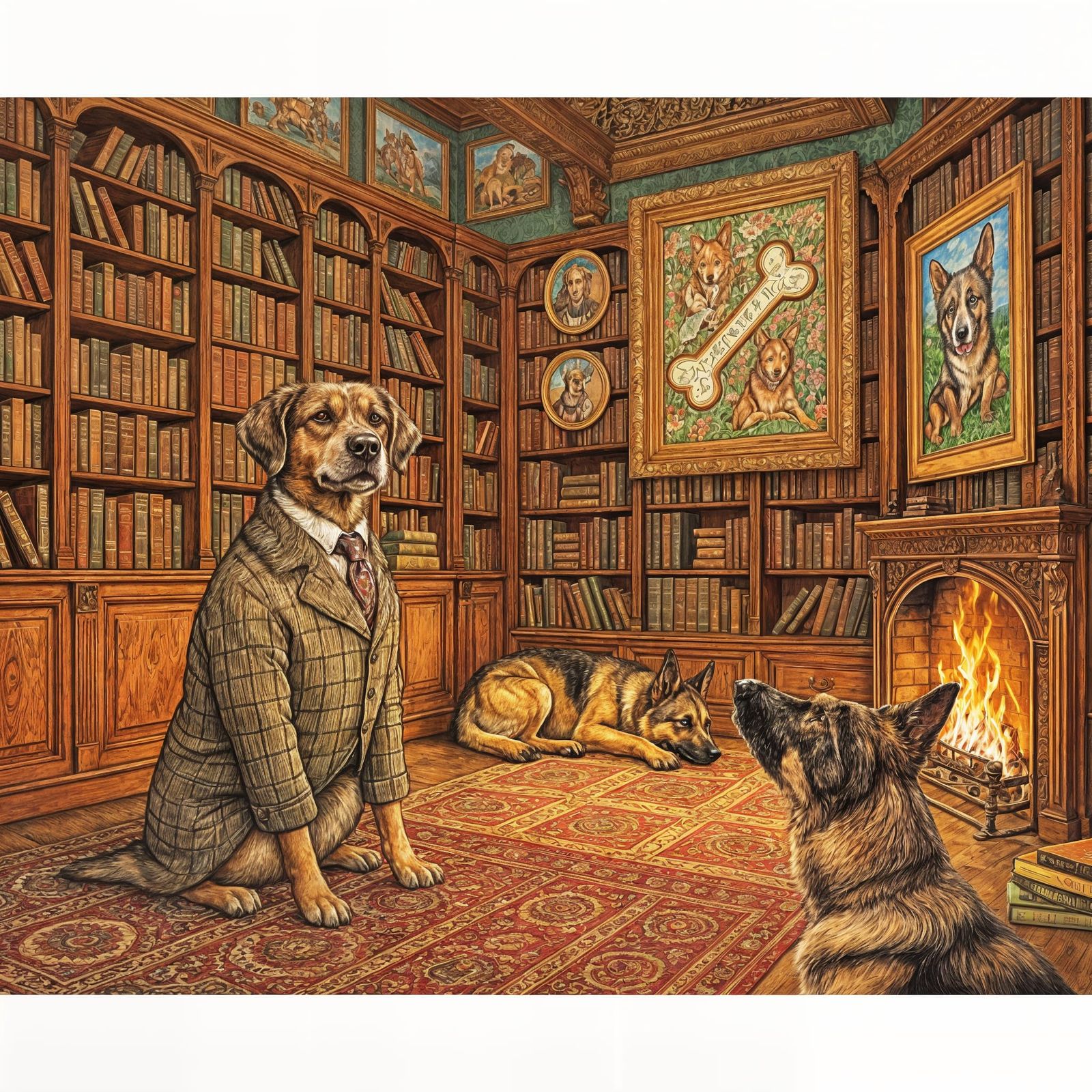 Victorian Library Scene with German Shepherds