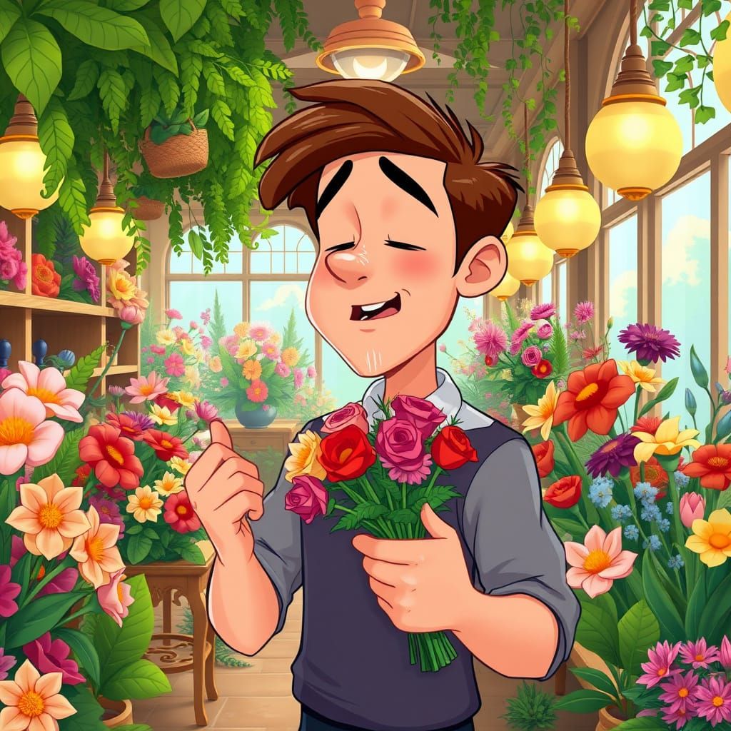 Young Man's Floral Allergy: Cartoon Flower Shop