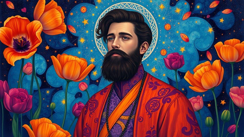 Symbolic Figure in Vibrant Purple and Orange Attire Amidst W...