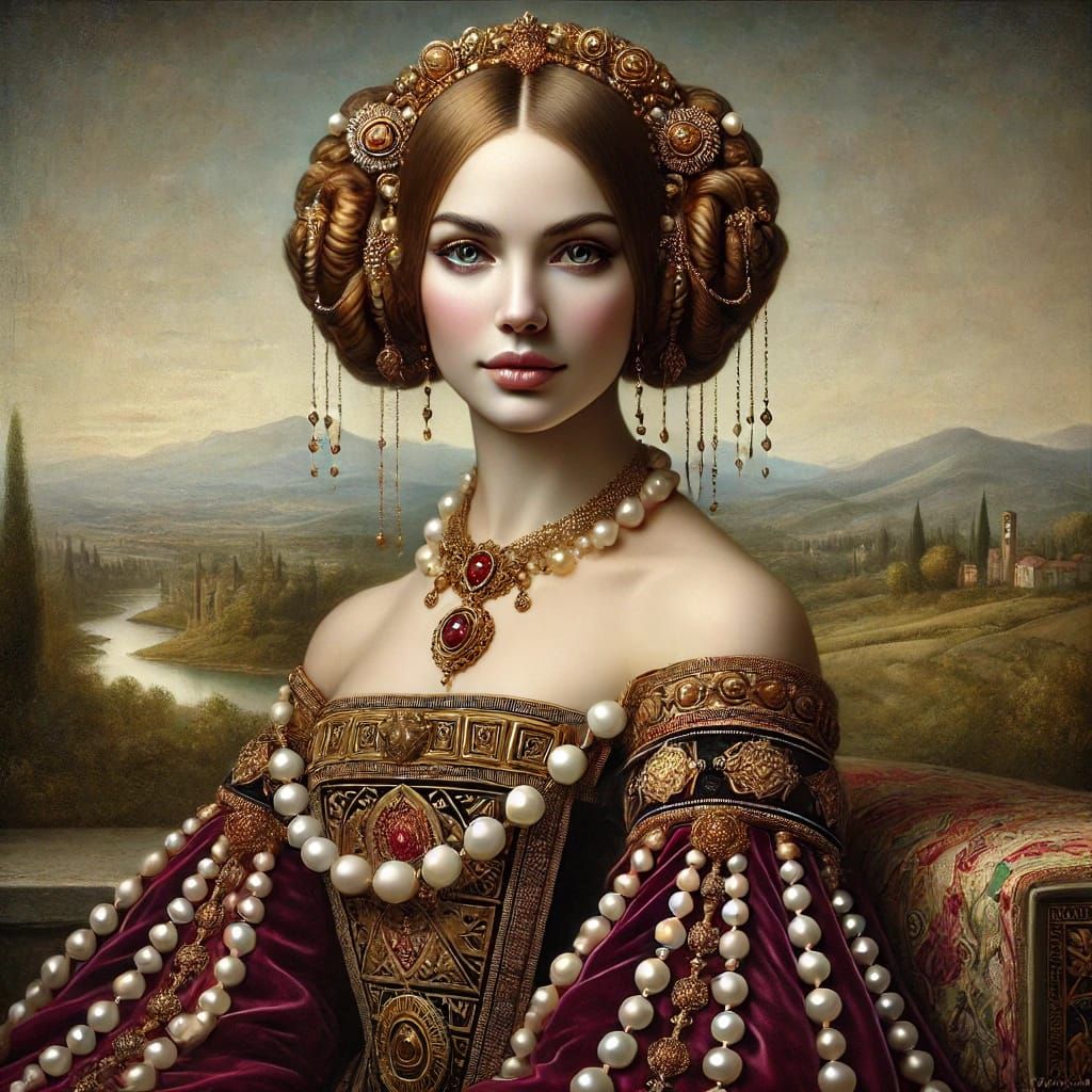 Renaissance Noblewoman in Crimson Velvet Gown