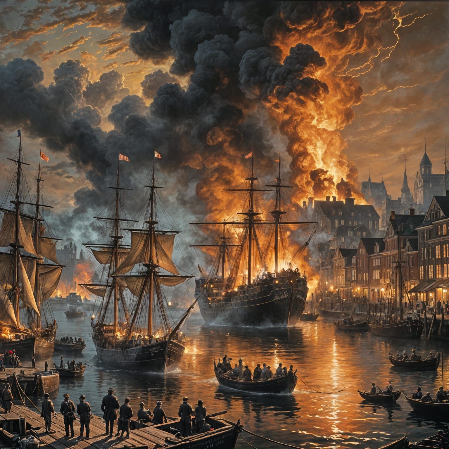 Burning Boat in 1800s Harbor, Hyperrealistic Painting