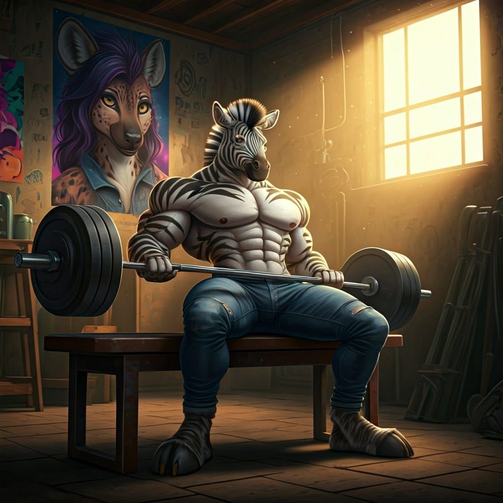 Sweat-Drenched Zebra-Man Powerlifting in Dimly Lit Garage