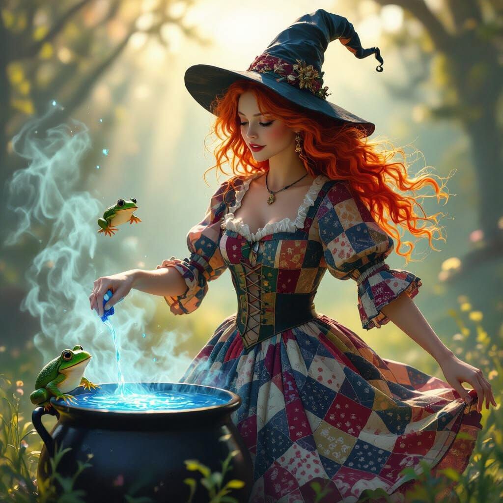 Red-Haired Witch Dancing with Cauldron in Divine Light