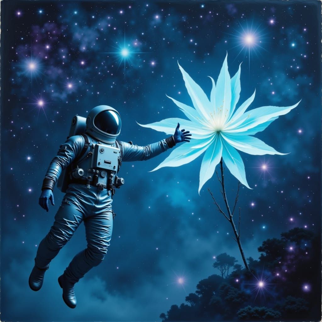 Astronaut Reaches for Bioluminescent Flower in Deep Space