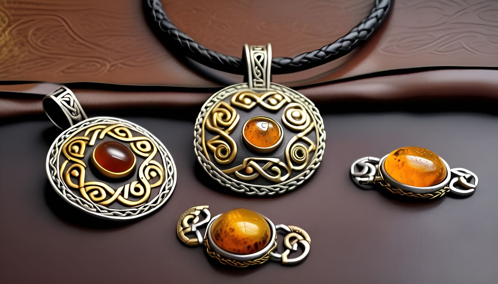 Viking Celtic Pendant with Amber Cabochons