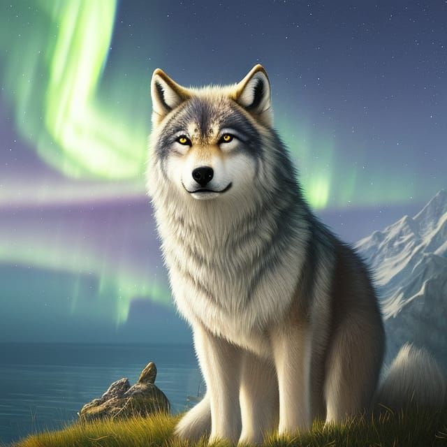 Adorable Northern Lights Wolf Portrait in 8k