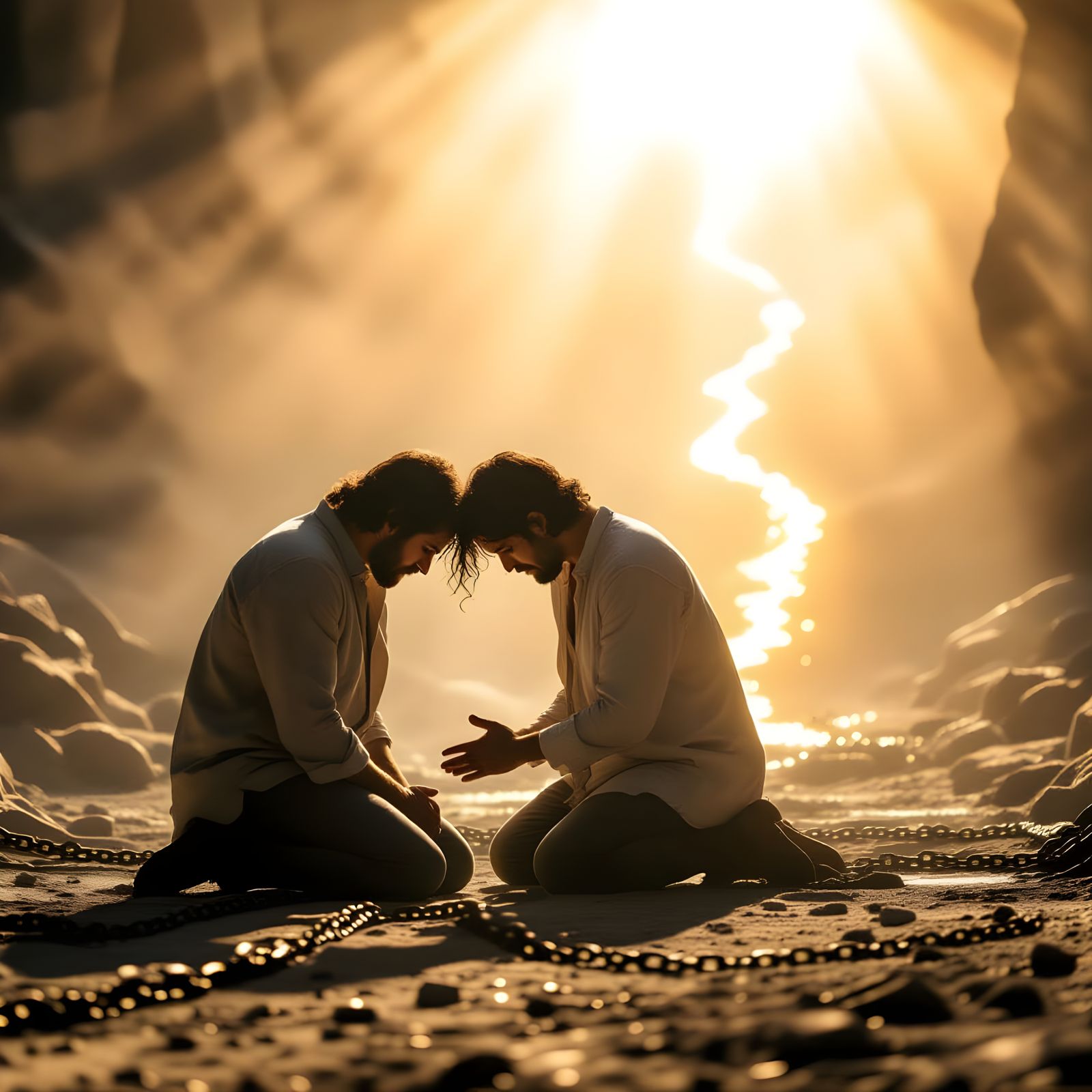 Man Kneeling in Spiritual Transformation, Guided by Light
