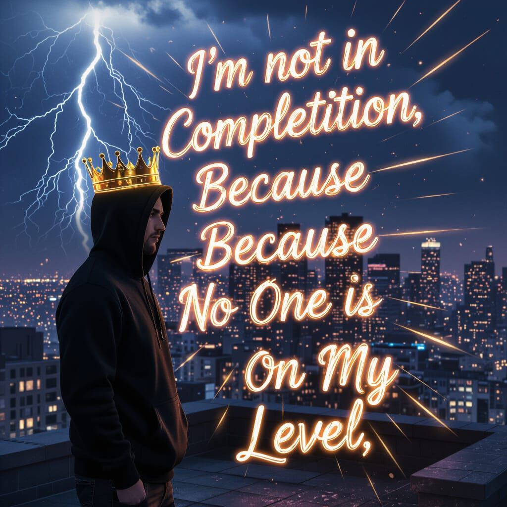 Man in Golden Crown on Rooftop with Neon Text