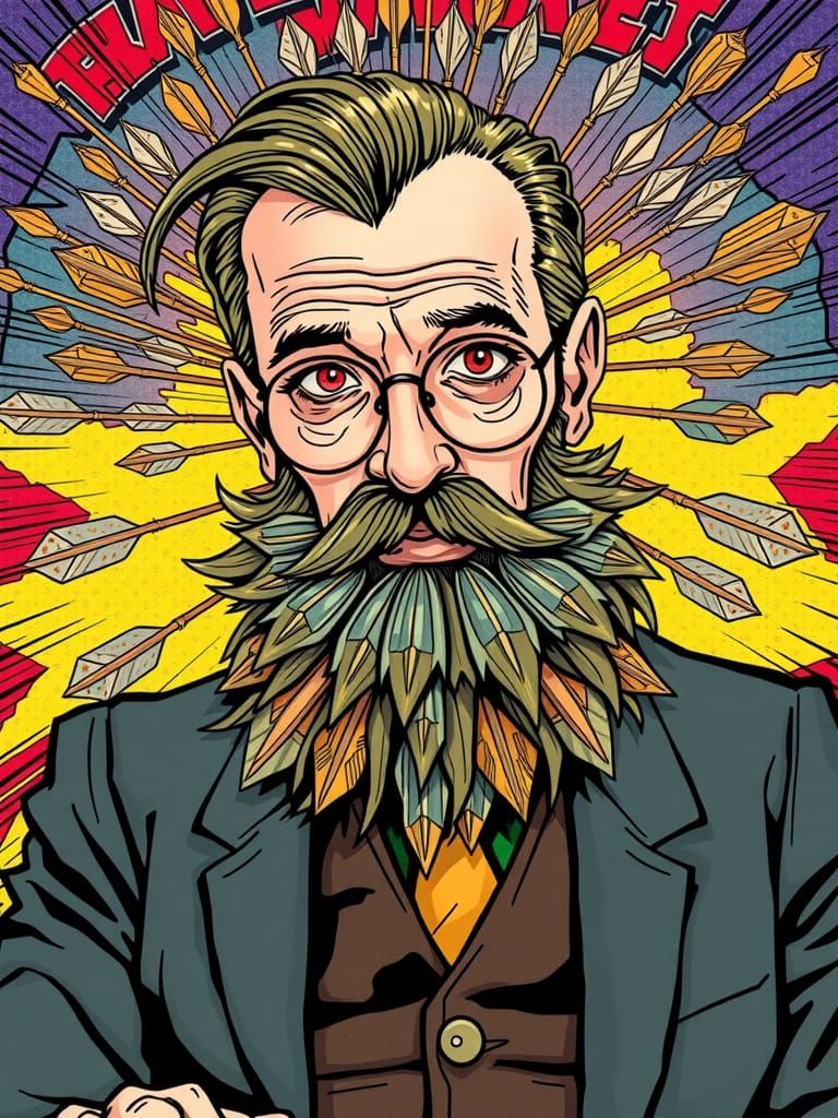 bald professor of art, beard made of arrows, comic