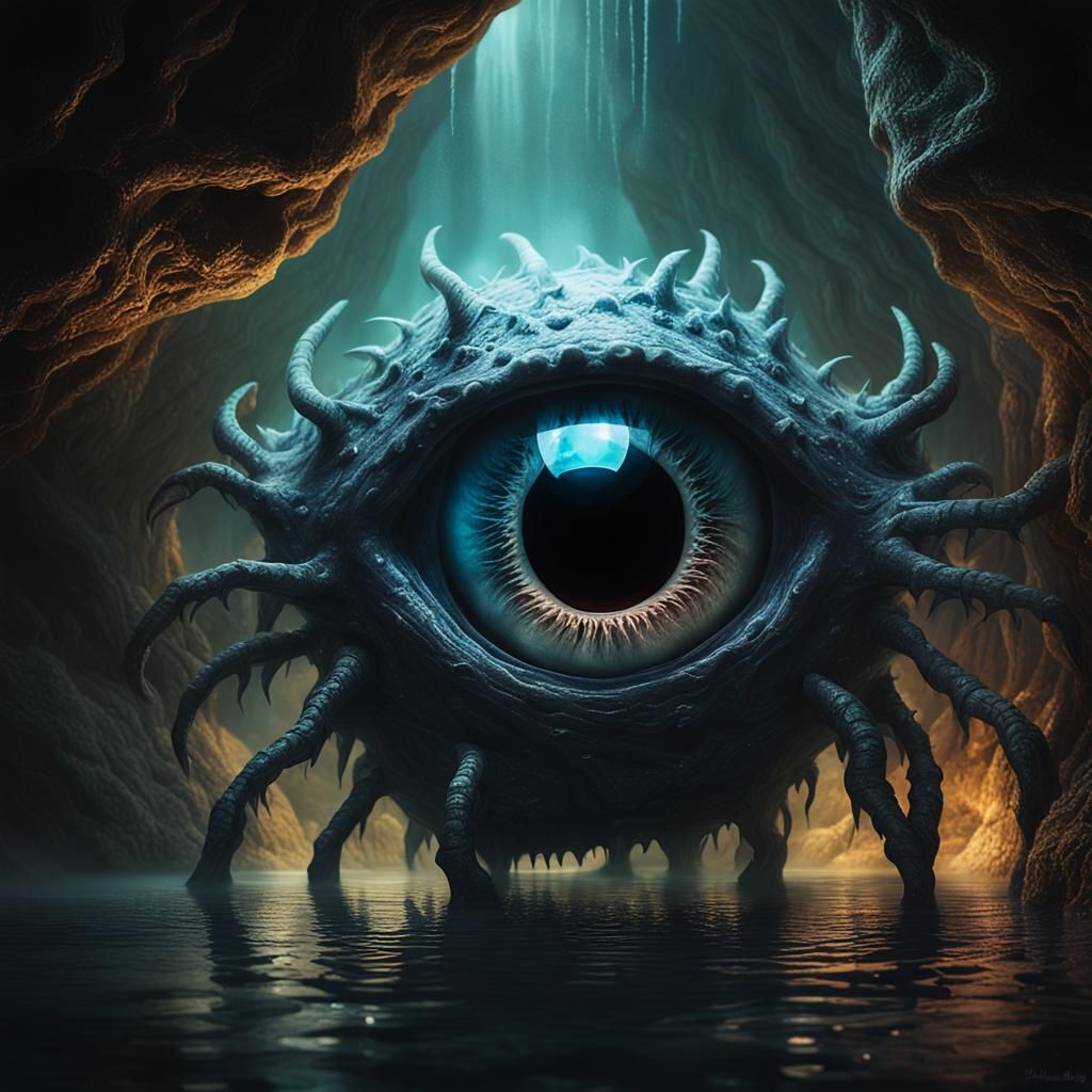 Mystical Beholder in a Dark Cave: Fantasy Art