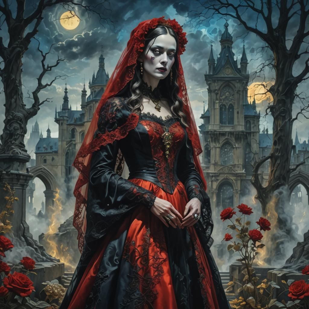 Biomechanical Gothic Portrait: Woman in Red Wedding Dress