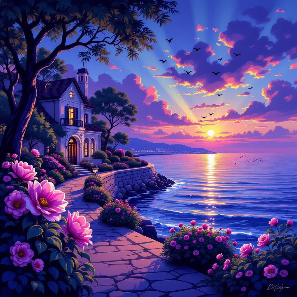 Magical Estate at Dusk with Dreamlike Flowers