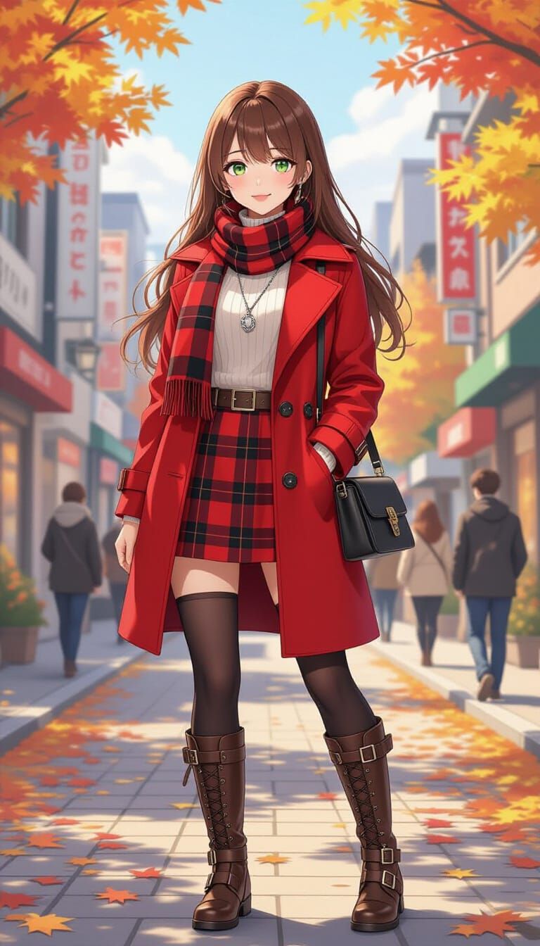 Anime Fashion Sketch: Red Coat & Plaid Skirt