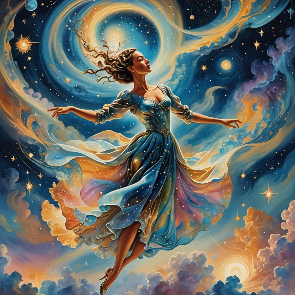 Dream Dancer Glides on Starscapes: Surrealist Illustration
