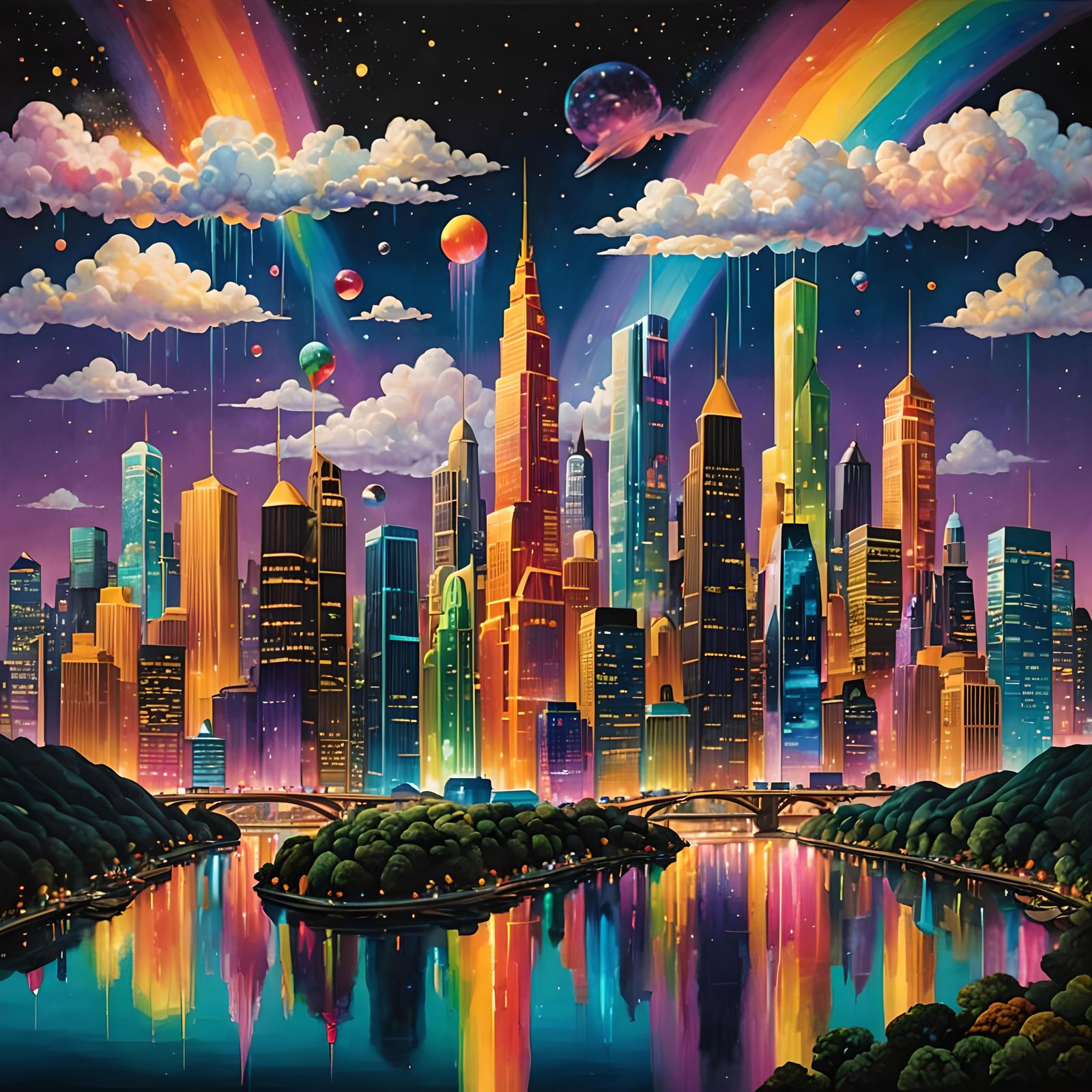 Rainbow City Skyline with Holographic Projections