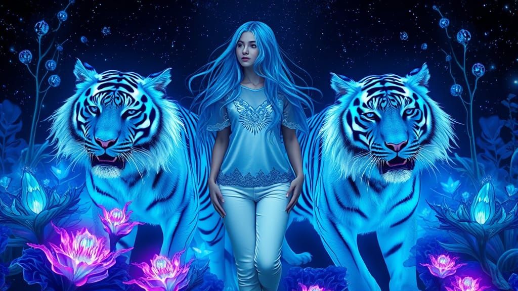 Blue-Haired Girl with Tigers in Bioluminescent Underwater Sc...