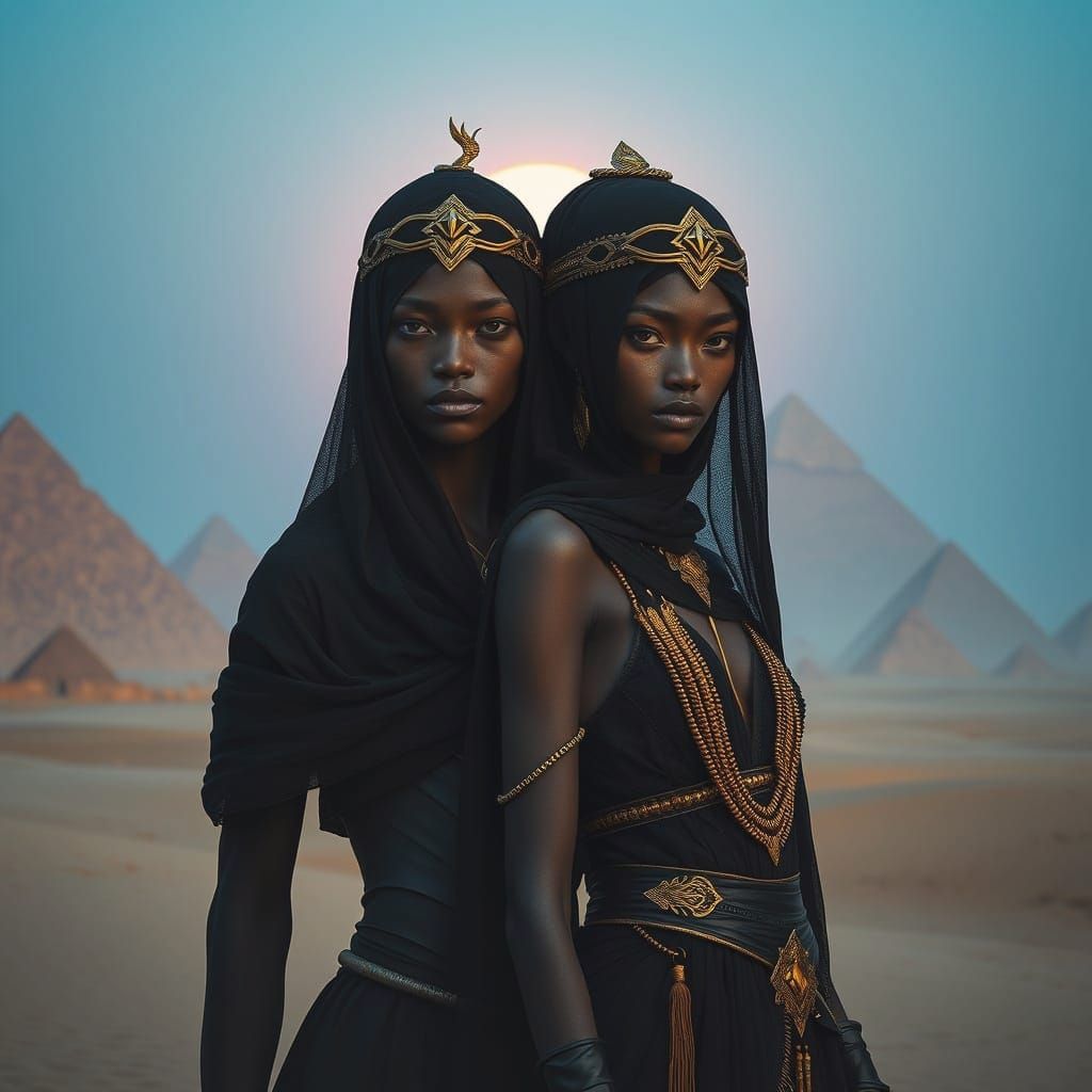 Surreal Desert Deities in Elegant Black Attire