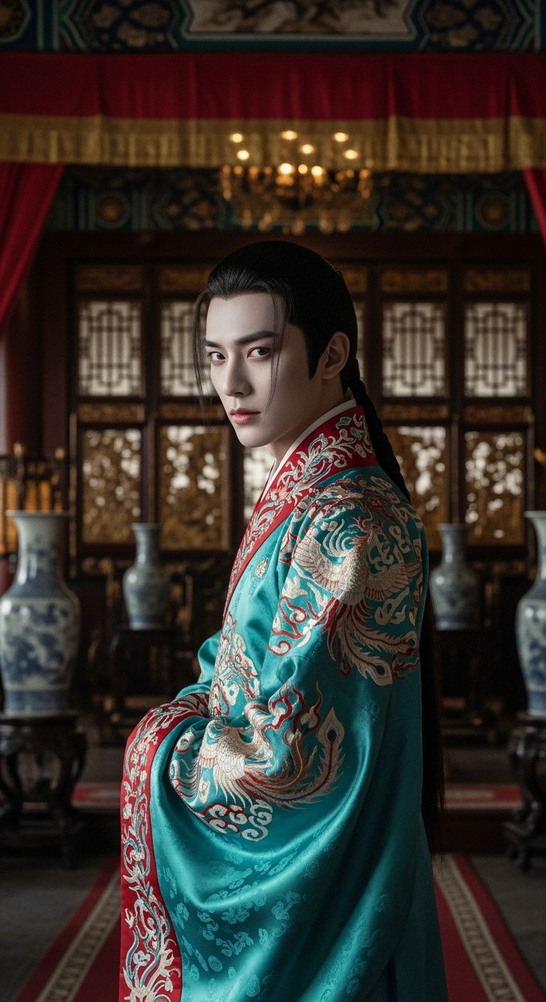 East Asian Man in Imperial Palace, Cinematic Portrait