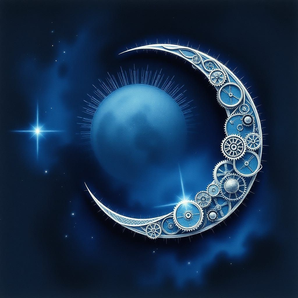 Steampunk Crescent Moon in Velvet Sky