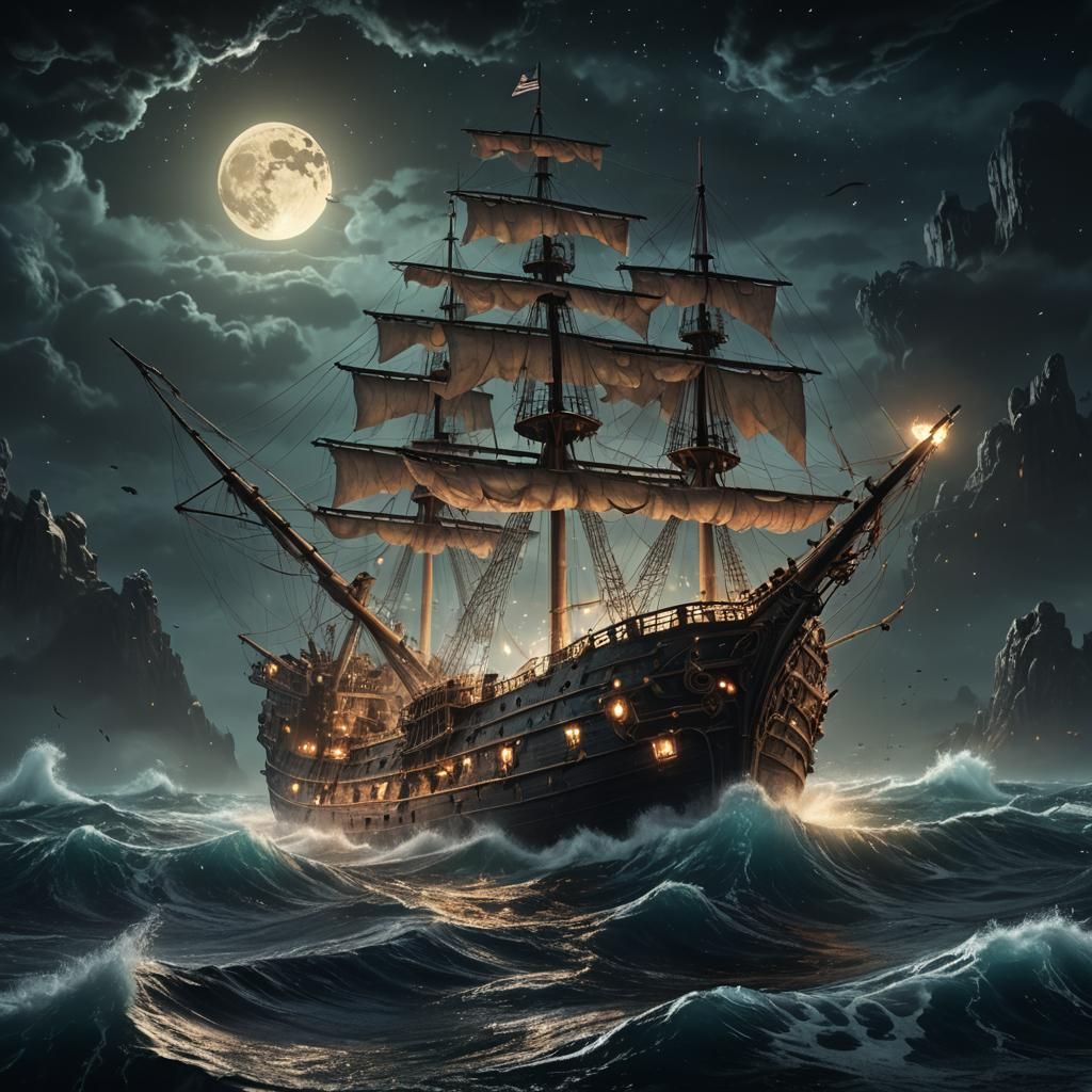 Ghost Ship Sailing a Dark Ocean at Night