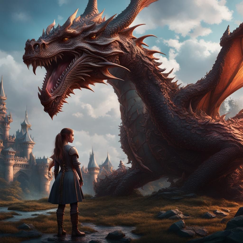 Girl and Dragon in Detailed Matte Painting