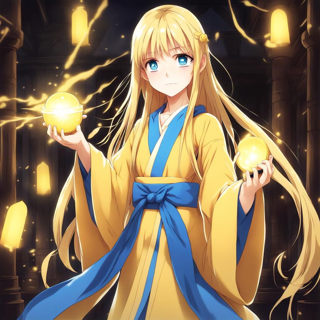 Anime Girl Casting Magic Spell in Yellow Robes