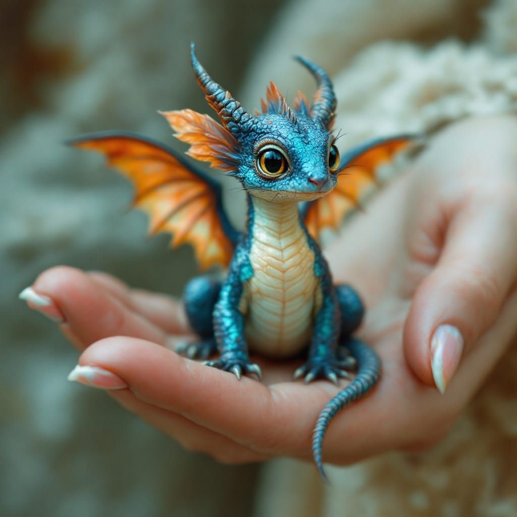 Tiny Iridescent Dragon in a Woman's Hand, Realistic Art