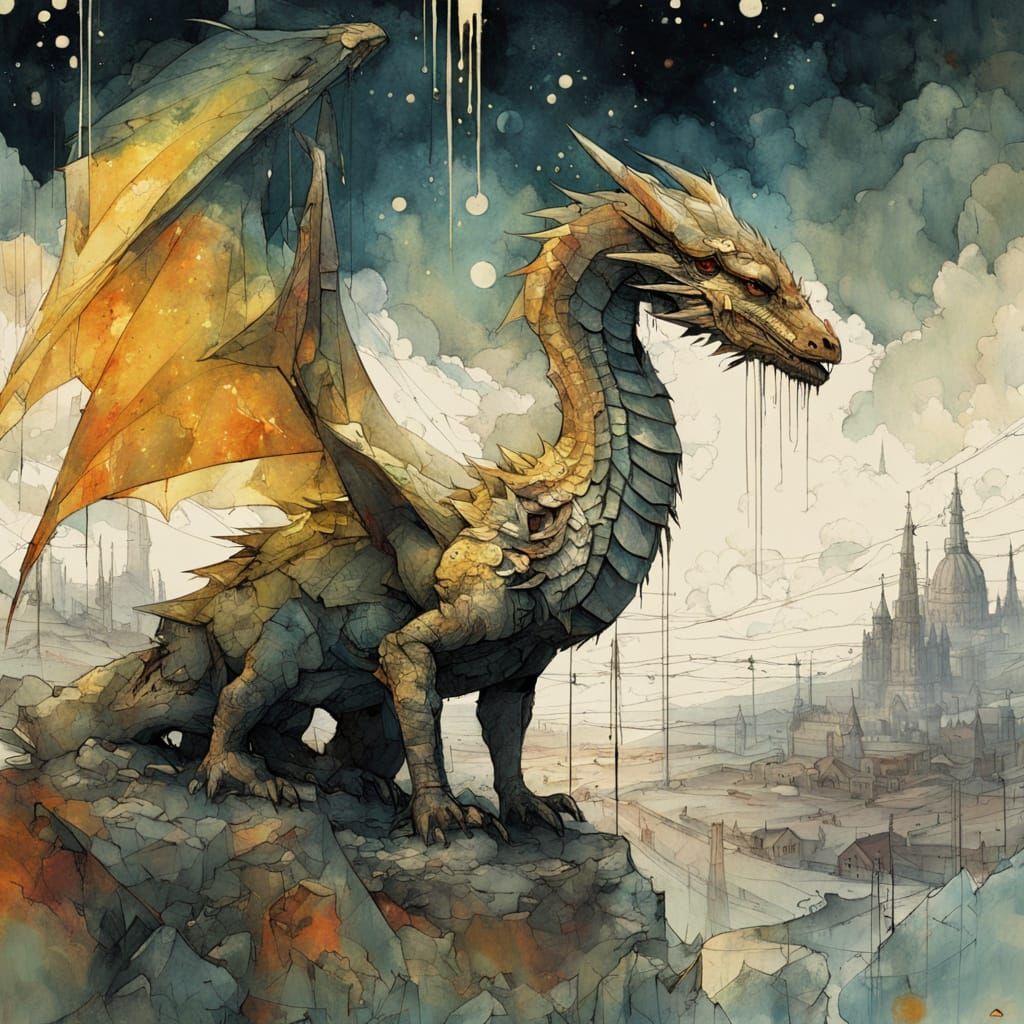 Baby Dragon Meets Ethereal Dragon: Gouache Style