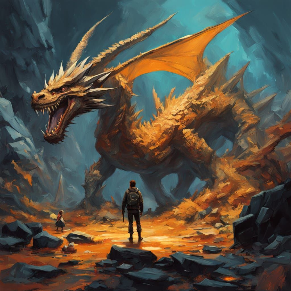 Cute Creature and Dragon Meeting: Gouache Style Digital Art