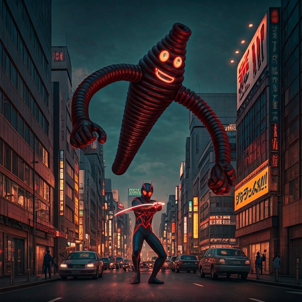 Showa Era Superhero vs. Inflatable Tube Monster