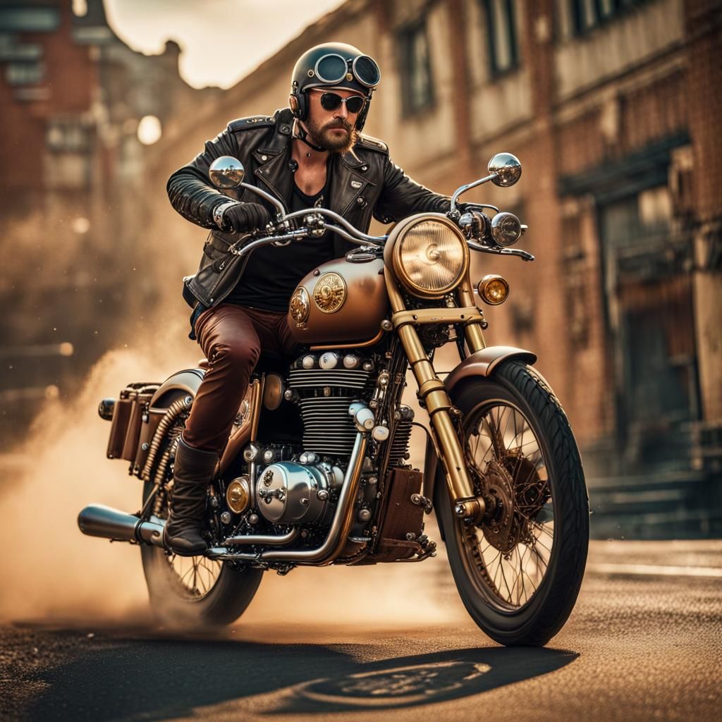 Steampunk Biker on Royal Enfield: Hyperrealistic Concept Art