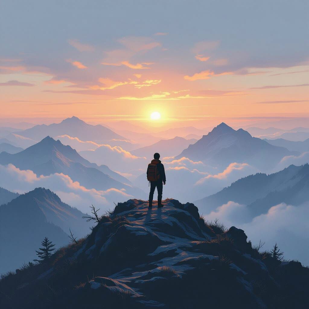 Misty Mountain Peak Vista in Romantic Style