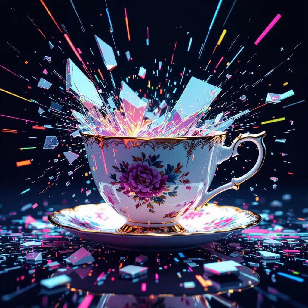 Shattered Teacup Glitch Art with Neon Fragments