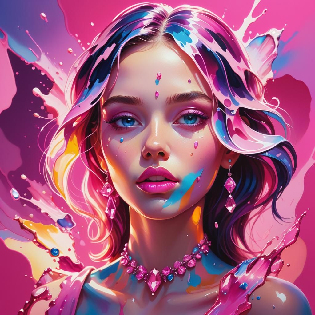 Girl with Pink Lips in Vibrant Digital Art