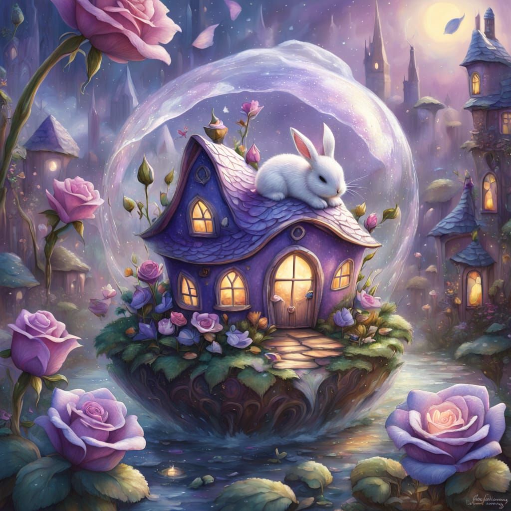 Sleeping Bunny in Giant Rose Bud Illustration