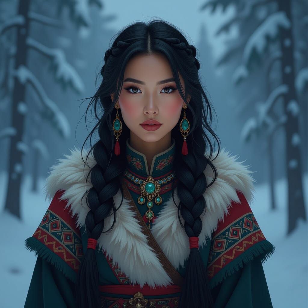 Siberian Woman in Taiga, Dark Fantasy Digital Art