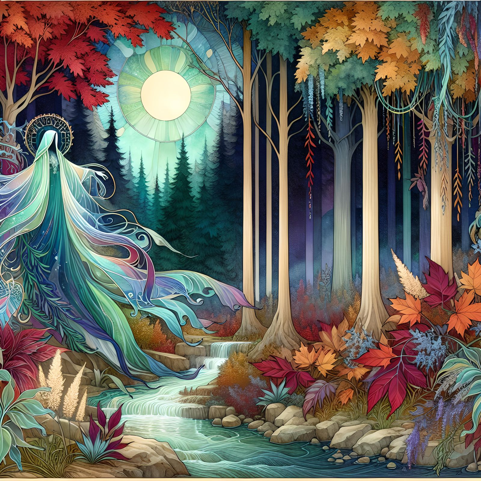 Ethereal Autumn Forest Scene in Art Nouveau Style