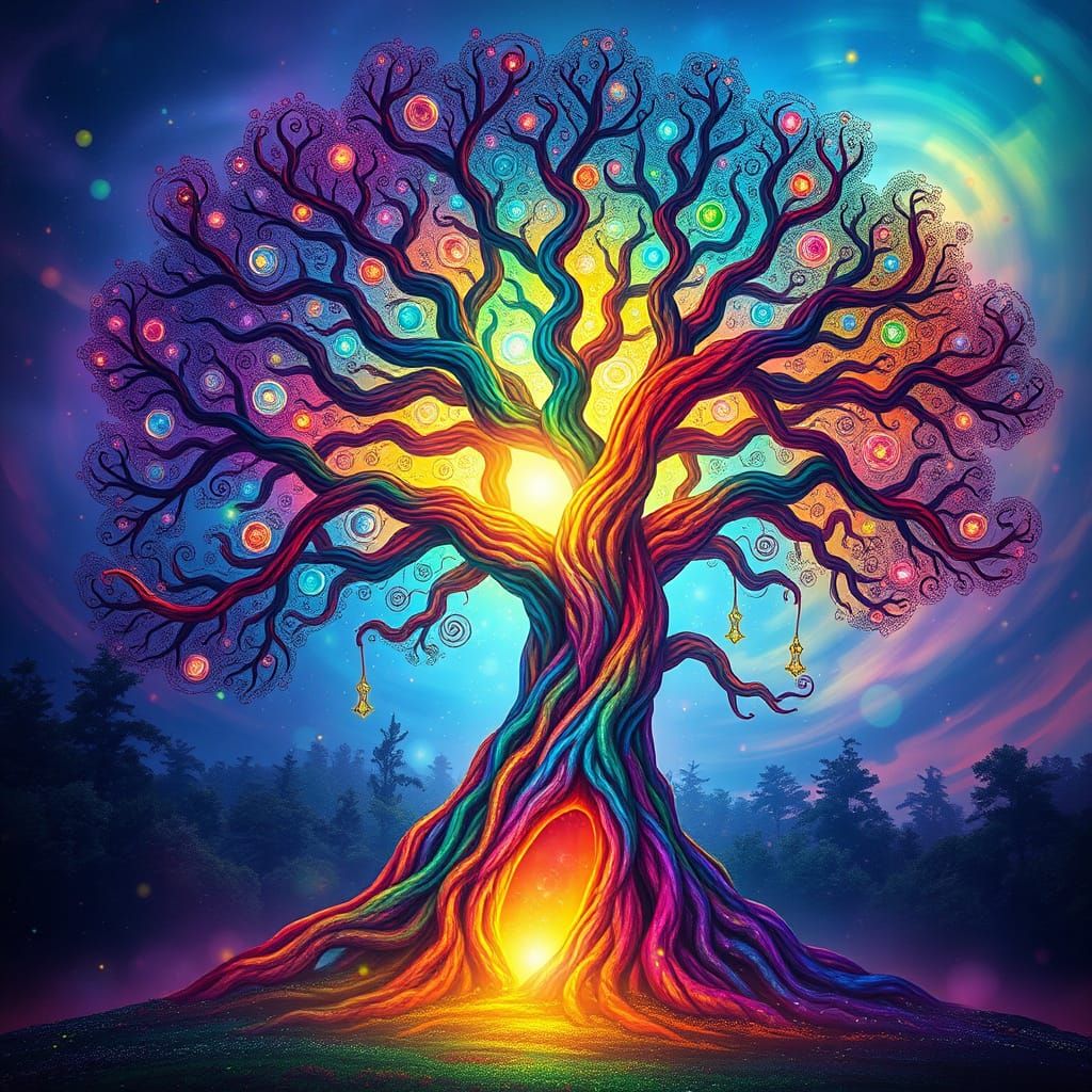 Majestic Rainbow Portal Tree in Vibrant Fantasy World