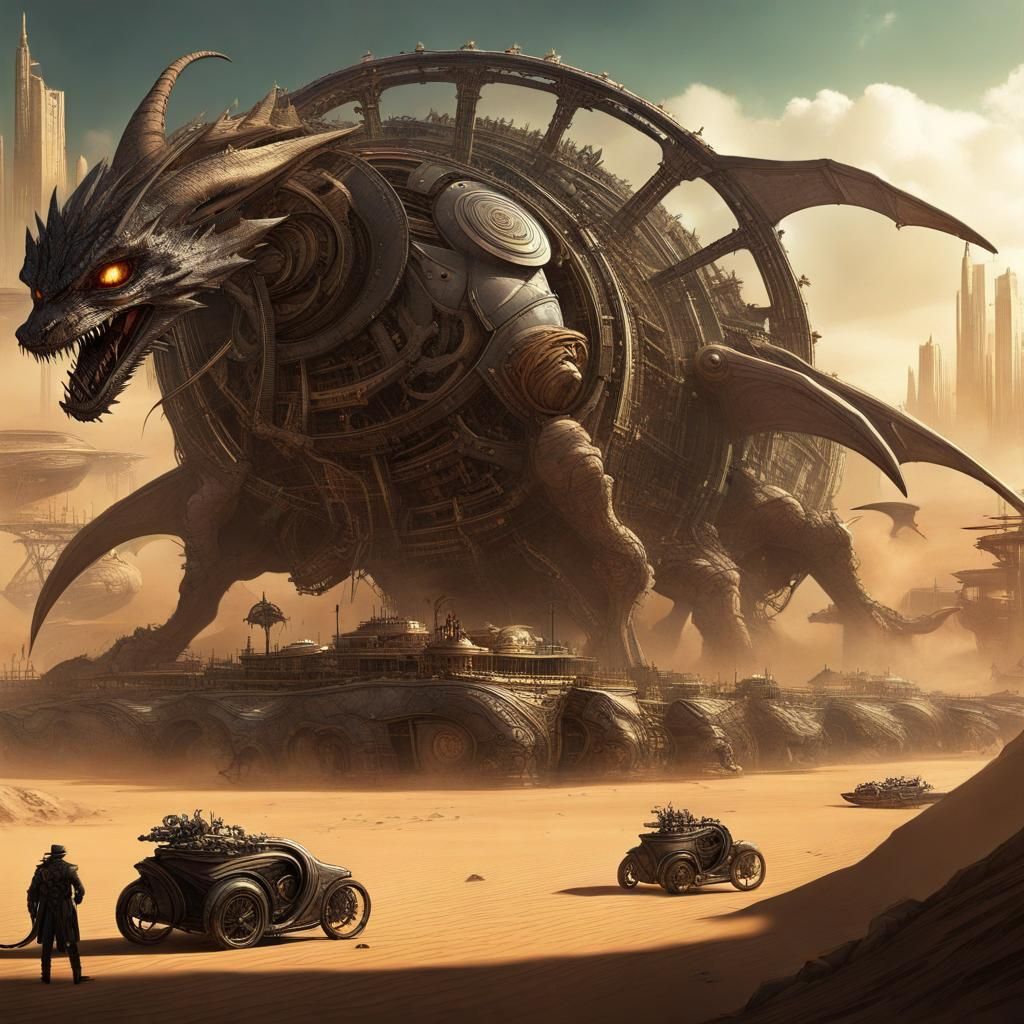 Futuristic Steampunk City Attacked by Dragon-Cat